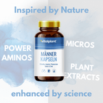 Vitalplant® Männer Kapseln in einer Flasche mit Nährstoffen für Vitalität und Partnerschaft.