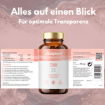 Zink 25 Kapseln in brauner Flasche mit Etikett und Nährwertangaben auf rosa Hintergrund