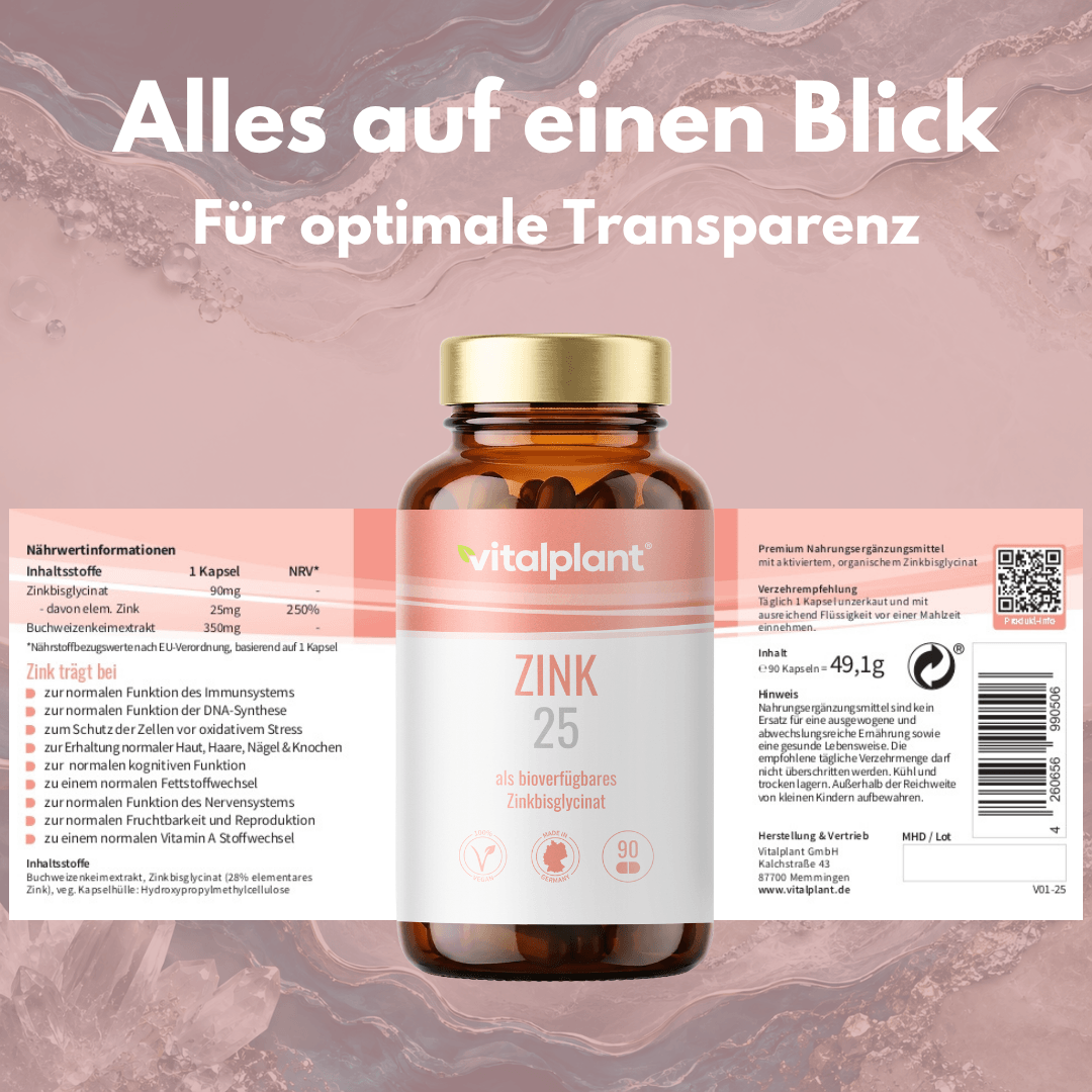 Zink 25 Kapseln in brauner Flasche mit Etikett und Nährwertangaben auf rosa Hintergrund
