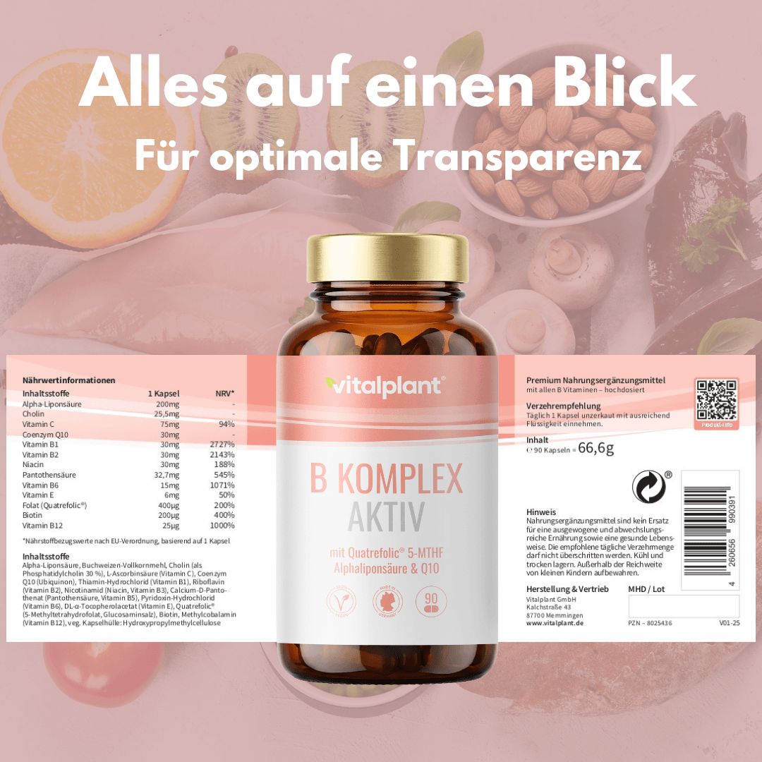 Vitamin B Komplex Aktiv Kapseln mit Nährstoffinformation auf dem Etikett und frischen Zutaten im Hintergrund
