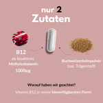 Vitamin B12 als bioaktives Methylcobalamin und Buchweizenkeimpulver in einer Kapsel.