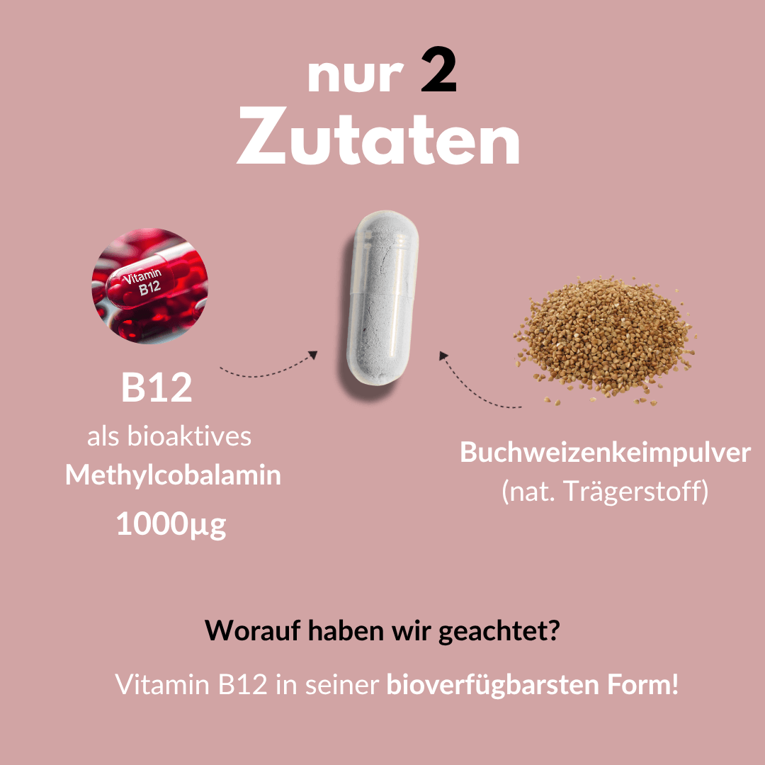 Vitamin B12 als bioaktives Methylcobalamin und Buchweizenkeimpulver in einer Kapsel.