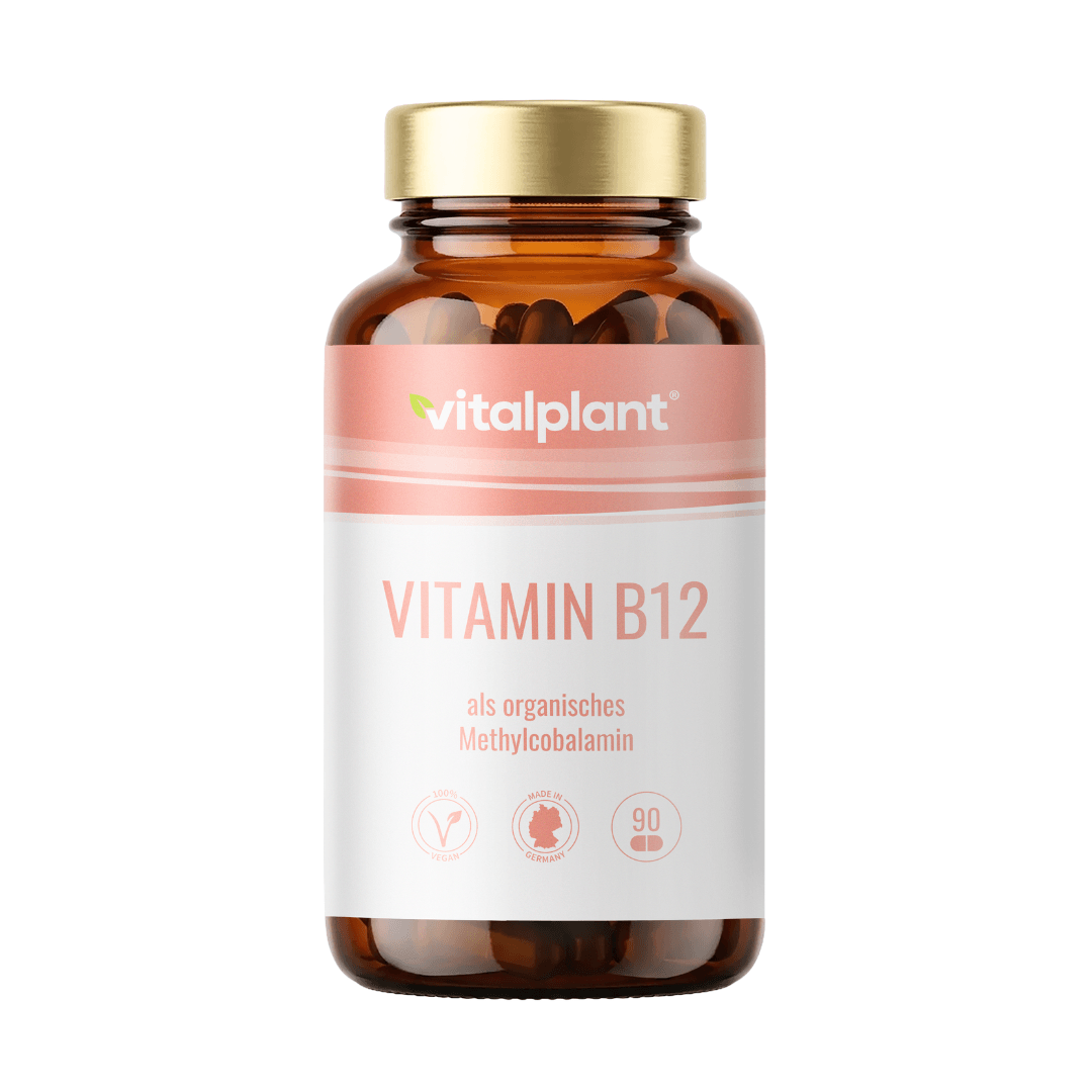 Vitamin B12 capsules in a glass bottle with methylcobalamin by vitalplant.