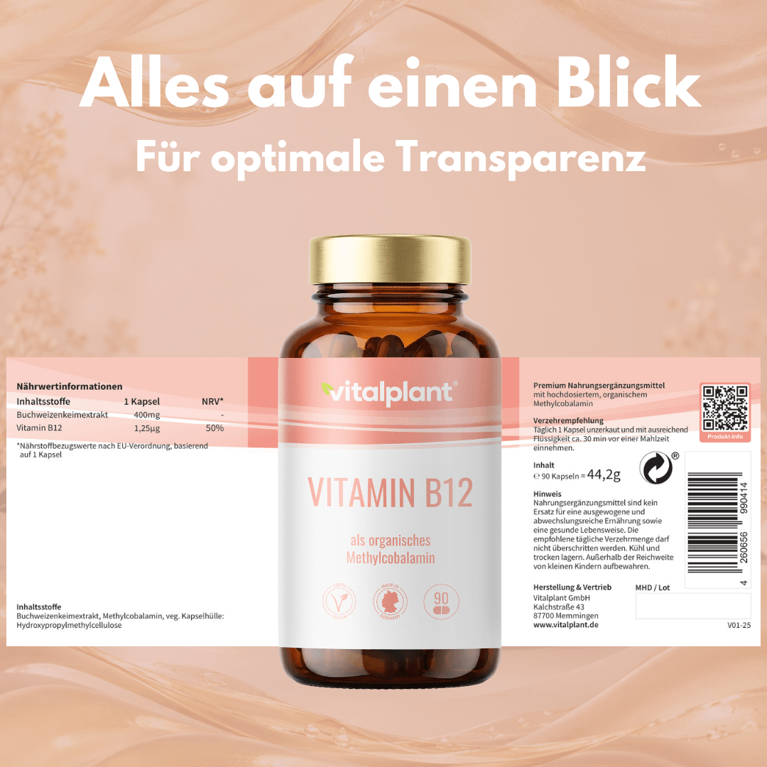 Vitamin B12 capsules in a glass bottle, containing high-dose methylcobalamin and buckwheat germ.