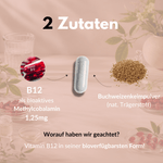 Vitamin B12 capsules with bioactive methylcobalamin and buckwheat sprout powder for maximum bioavailability.