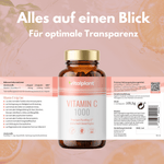 Vitamin C 1000 Kapseln in einem Glasbehälter mit pflanzlichen Inhaltsstoffen und Nährwertangaben