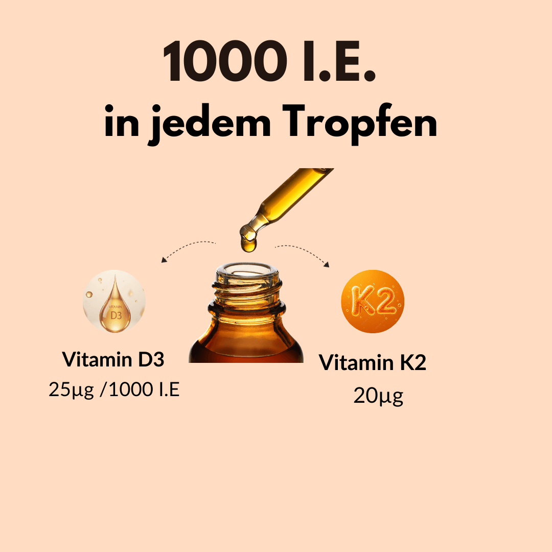 Vitamin D3 + K2 Tropfen mit 1000 I.E. pro Tropfen für optimale Gesundheit.