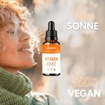 Frau genießt Sonnenlicht mit Vitalplant Vitamin D3 + K2 Tropfen, 100% vegan und voller Kraft der Sonne.