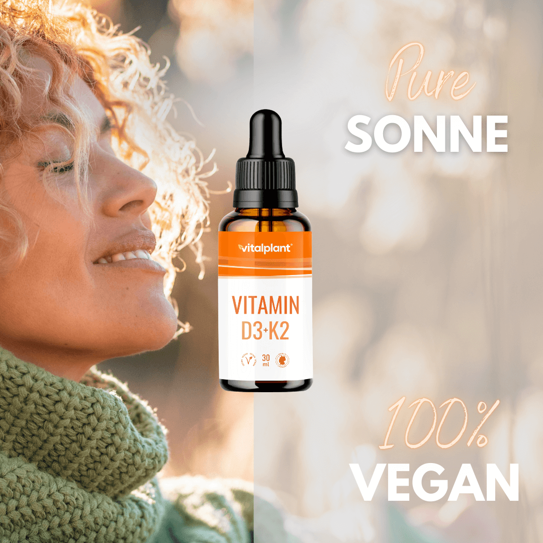 Frau genießt Sonnenlicht mit Vitalplant Vitamin D3 + K2 Tropfen, 100% vegan und voller Kraft der Sonne.