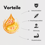 Vorteile von Vitamin D3 + K2 Tropfen: Immunfunktion, Knochengesundheit, Stimmung, Muskelkraft.