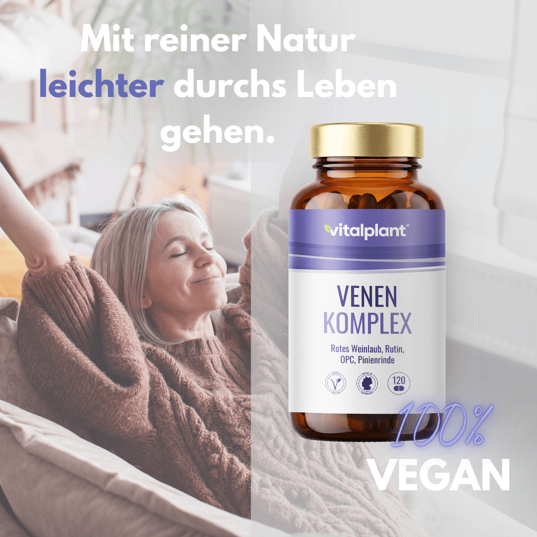 Venen Komplex Kapseln von Vitalplant für gesunde Blutgefäße und 100% vegane Ernährung.
