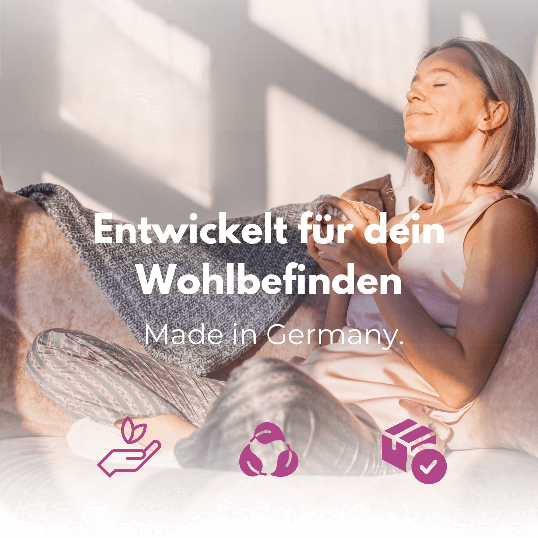 Frau genießt Wohlbefinden mit Meno Vital Kapseln für Wechseljahre, entwickelt in Deutschland.