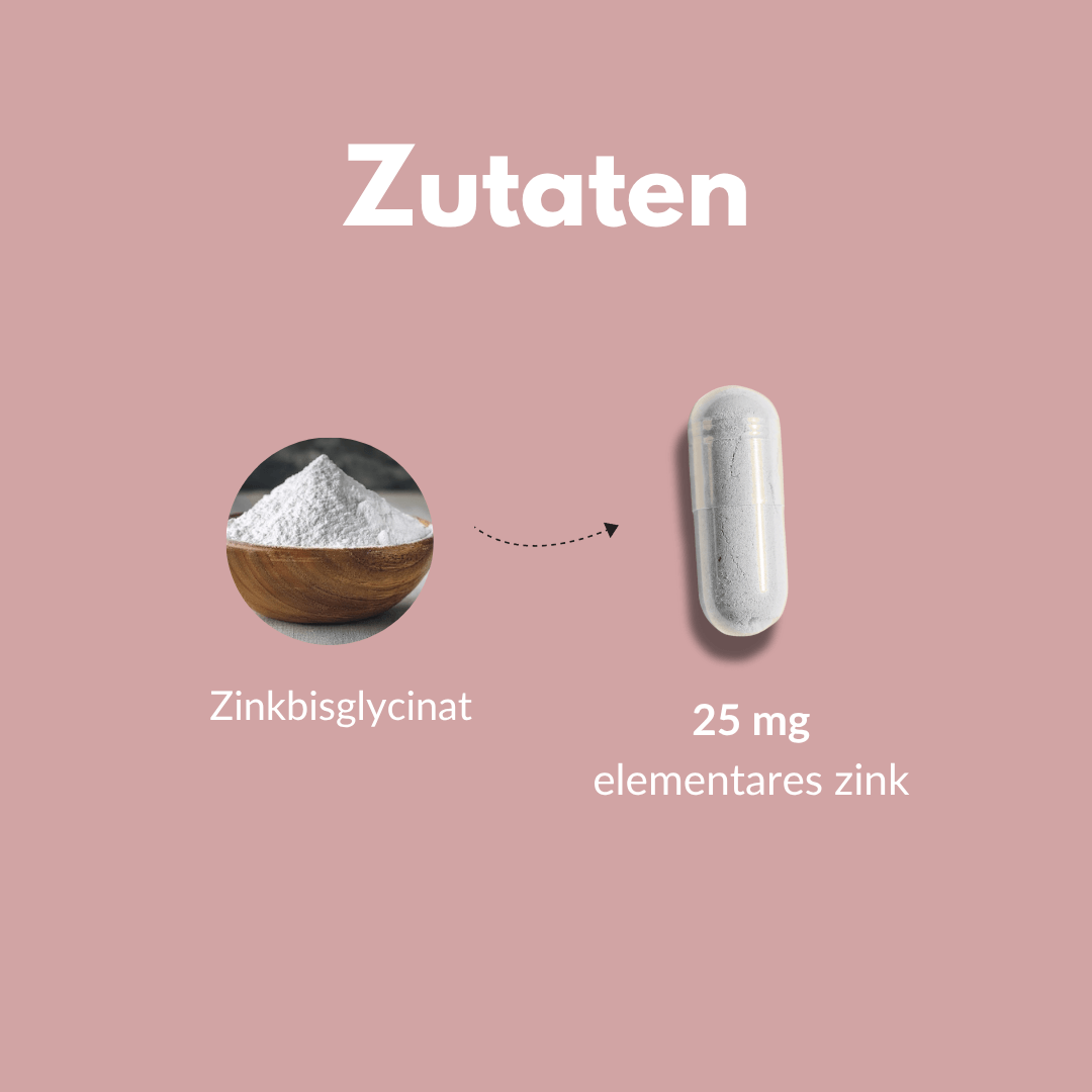 Zink Kapseln enthalten Zinkbisglycinat und 25 mg elementares Zink für optimale Bioverfügbarkeit.