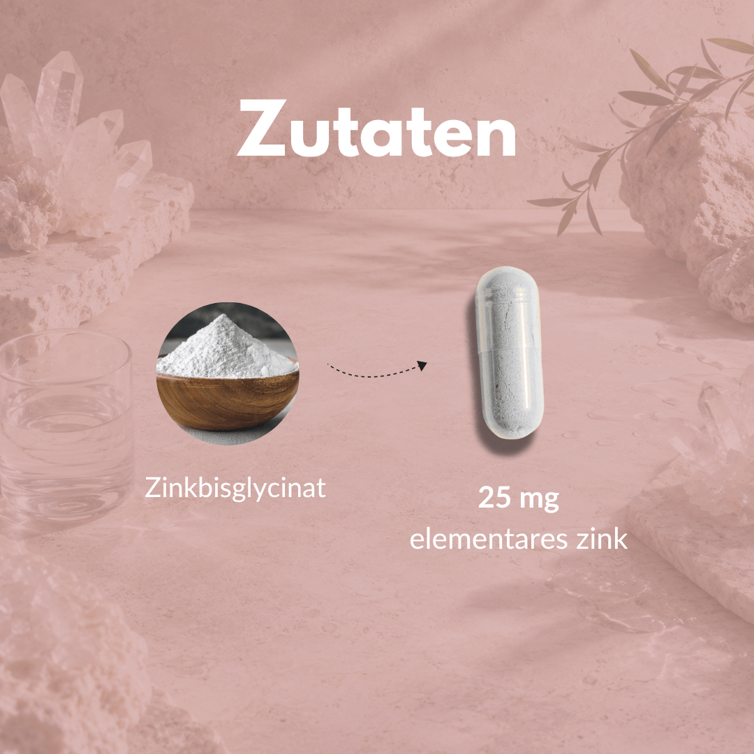 Zutaten für Zink 25 Kapseln: Zinkbisglycinat und 25 mg elementares Zink in ansprechender Präsentation.